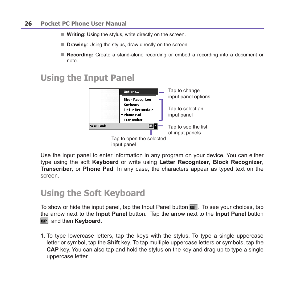 Using the input panel, Using the soft keyboard | i-mate PM10A User Manual | Page 26 / 200