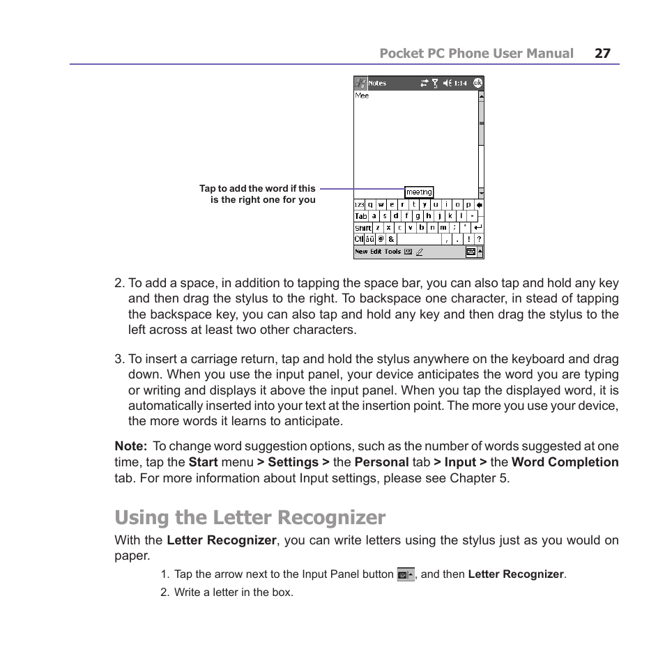 Using the letter recognizer | i-mate PM10A User Manual | Page 27 / 200