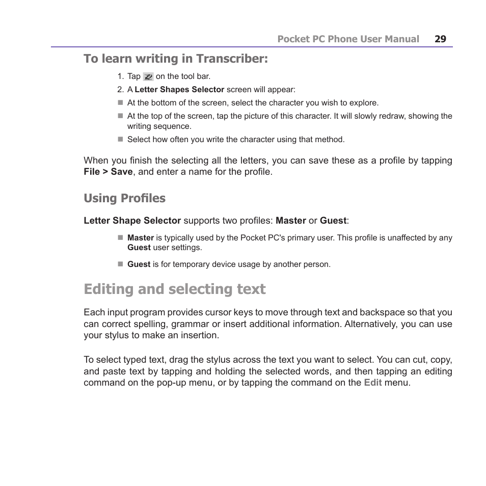 Editing and selecting text, Using profiles | i-mate PM10A User Manual | Page 29 / 200