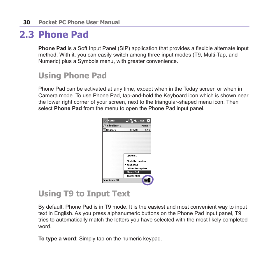 3 phone pad, Using phone pad, Using t9 to input text | i-mate PM10A User Manual | Page 30 / 200