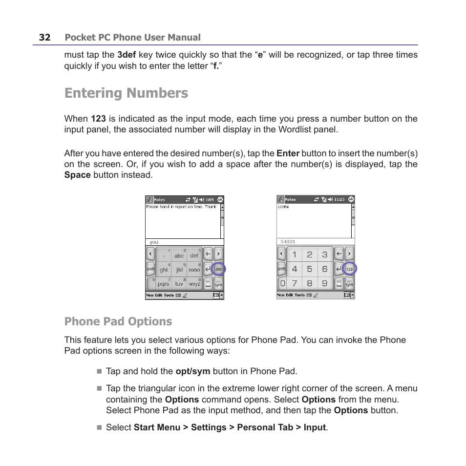 Entering numbers, Phone pad options | i-mate PM10A User Manual | Page 32 / 200