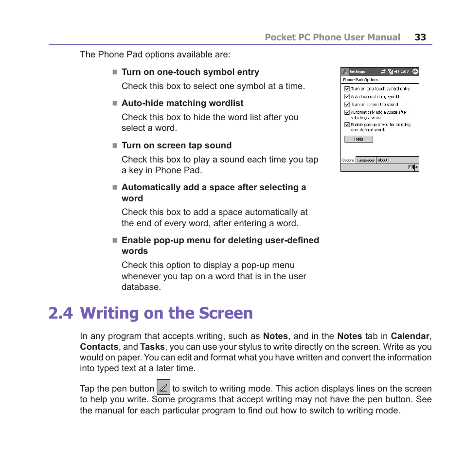 4 writing on the screen | i-mate PM10A User Manual | Page 33 / 200