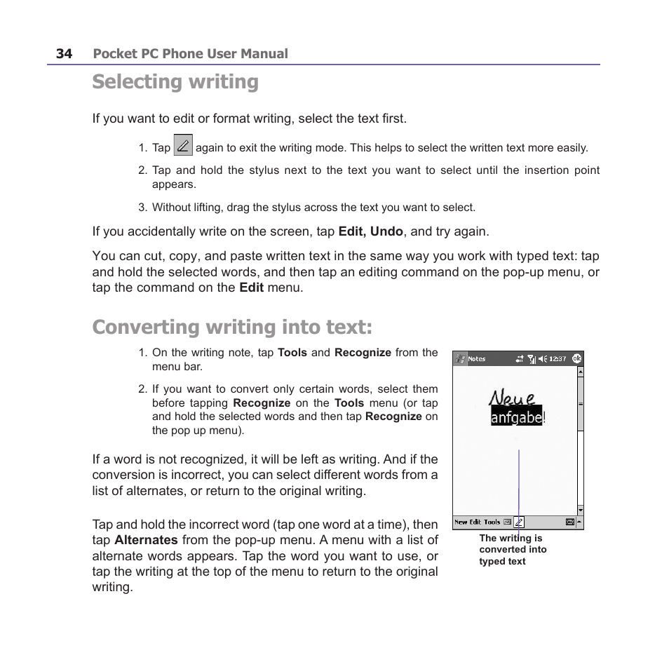 Selecting writing, Converting writing into text | i-mate PM10A User Manual | Page 34 / 200