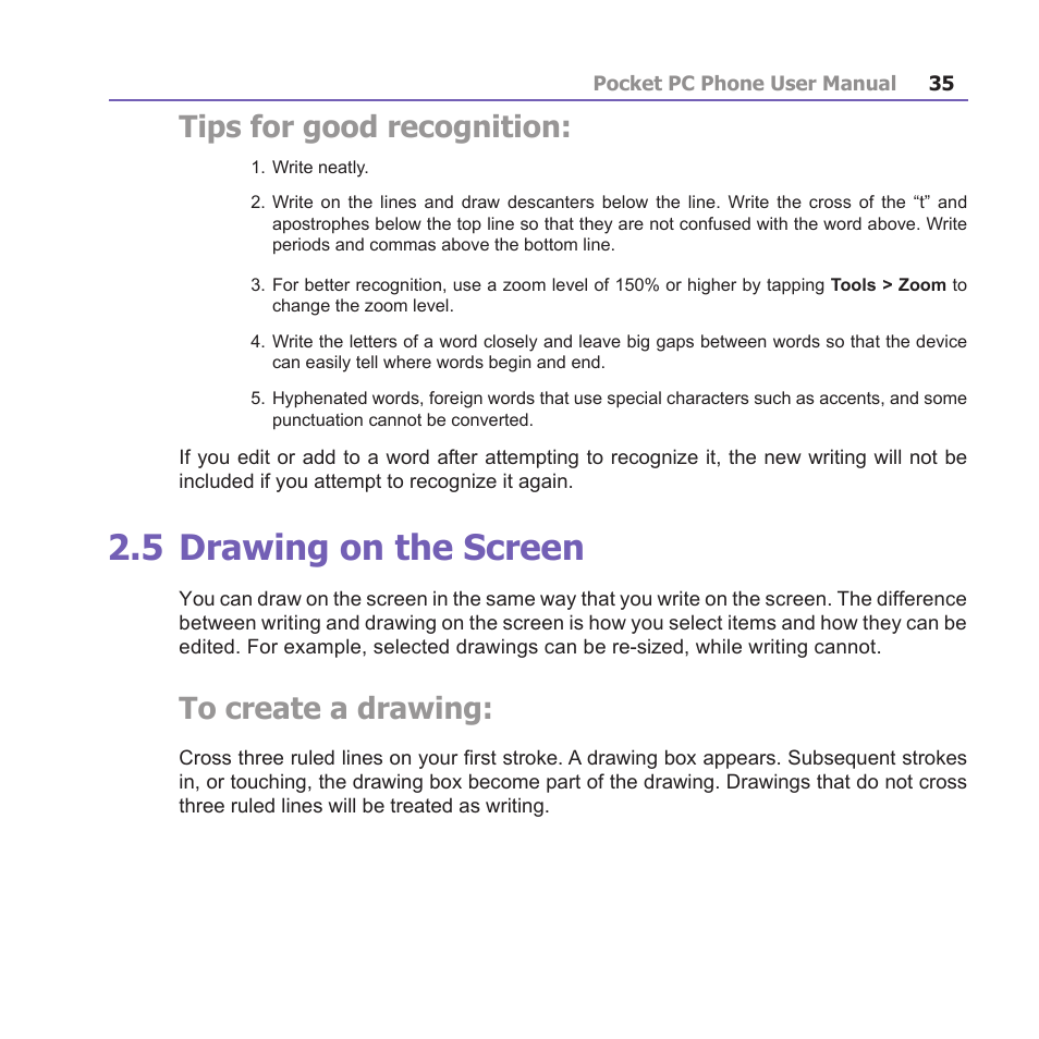 5 drawing on the screen, Tips for good recognition | i-mate PM10A User Manual | Page 35 / 200