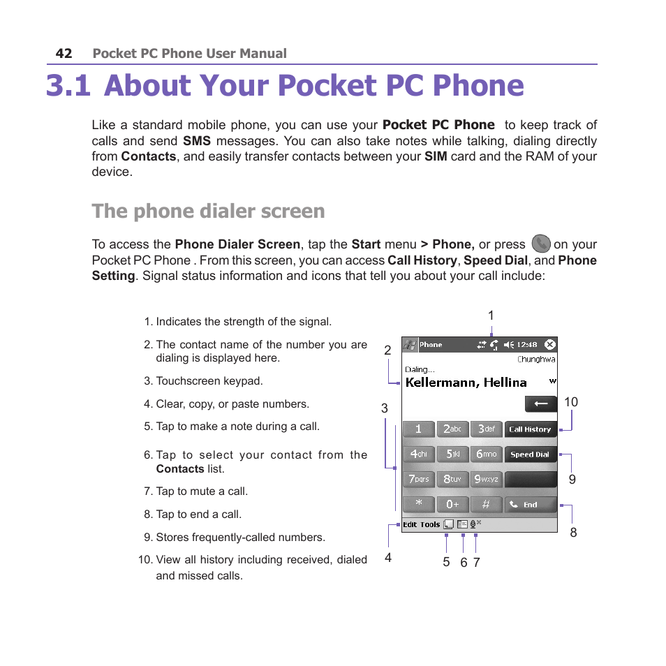 1 about your pocket pc phone, The phone dialer screen | i-mate PM10A User Manual | Page 42 / 200