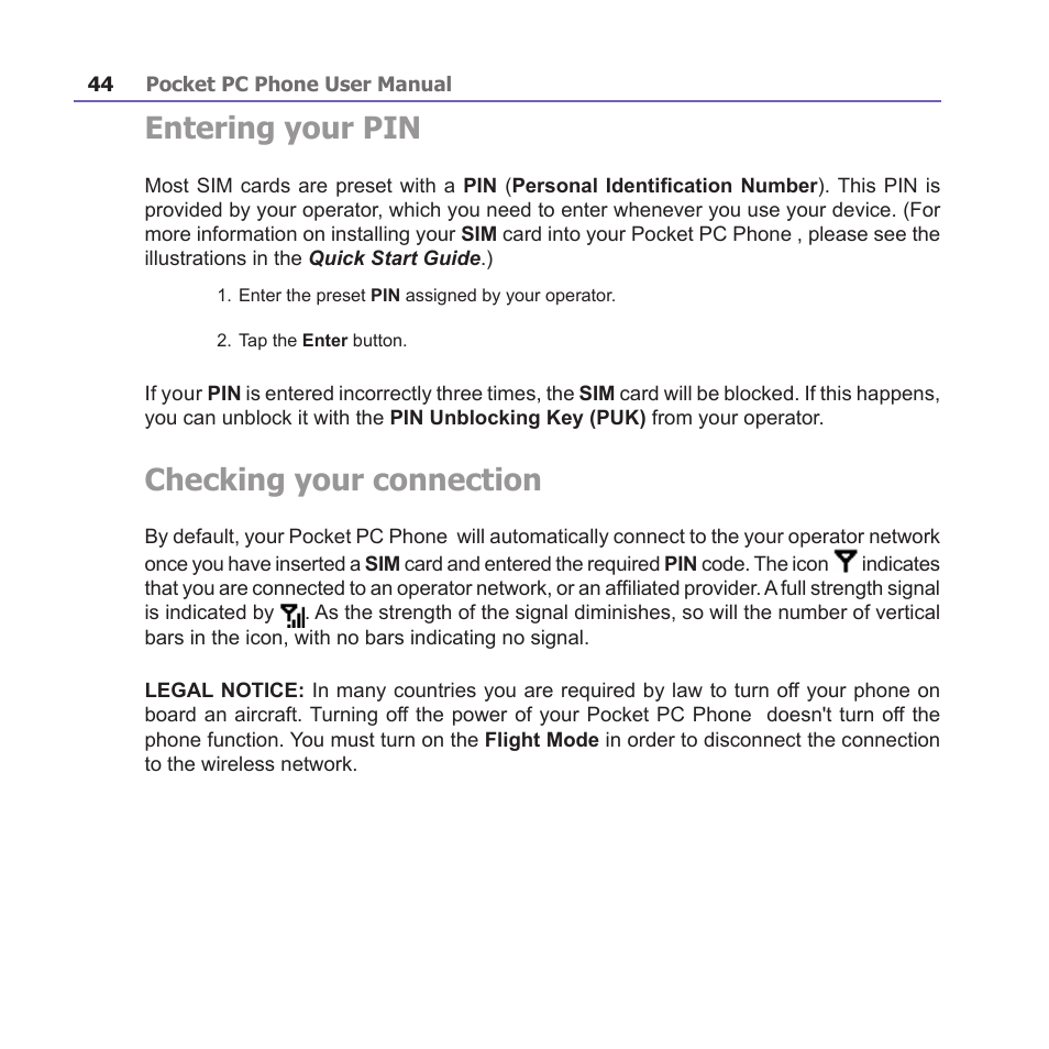 Entering your pin, Checking your connection | i-mate PM10A User Manual | Page 44 / 200
