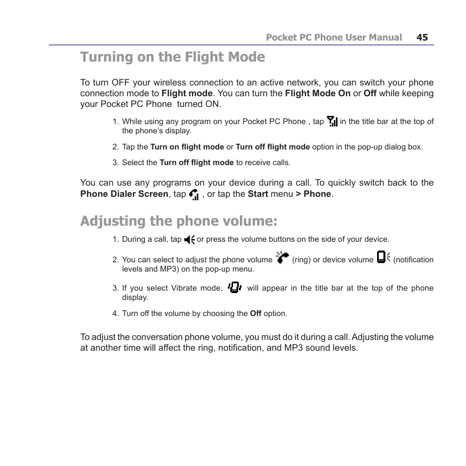 Turning on the flight mode, Adjusting the phone volume | i-mate PM10A User Manual | Page 45 / 200