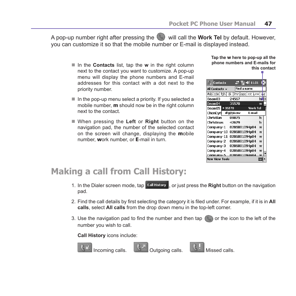 Making a call from call history | i-mate PM10A User Manual | Page 47 / 200