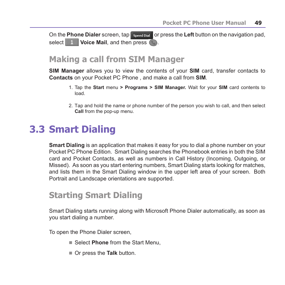 3 smart dialing, Making a call from sim manager, Starting smart dialing | i-mate PM10A User Manual | Page 49 / 200