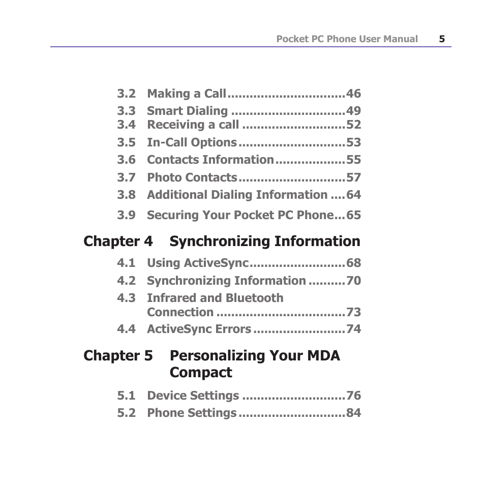 Chapter 4 synchronizing information, Chapter 5 personalizing your mda compact | i-mate PM10A User Manual | Page 5 / 200