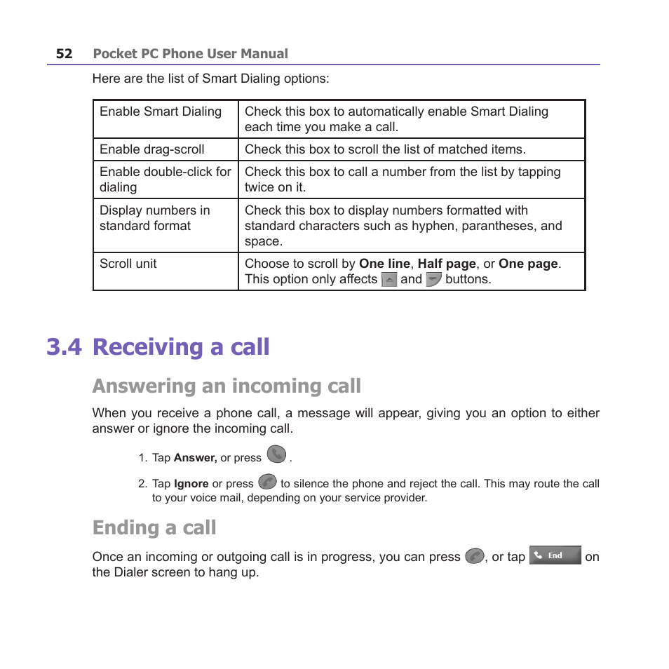4 receiving a call, Answering an incoming call, Ending a call | i-mate PM10A User Manual | Page 52 / 200