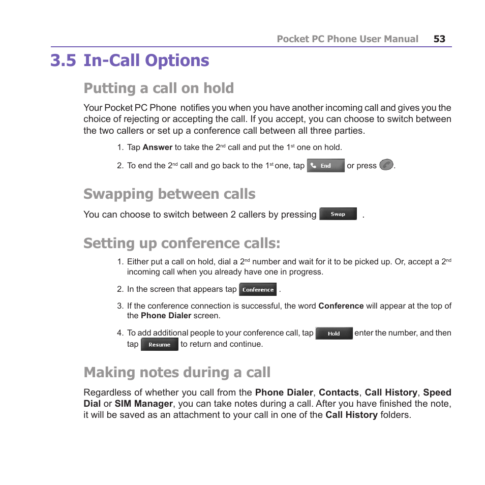 5 in-call options, Putting a call on hold, Swapping between calls | Setting up conference calls | i-mate PM10A User Manual | Page 53 / 200