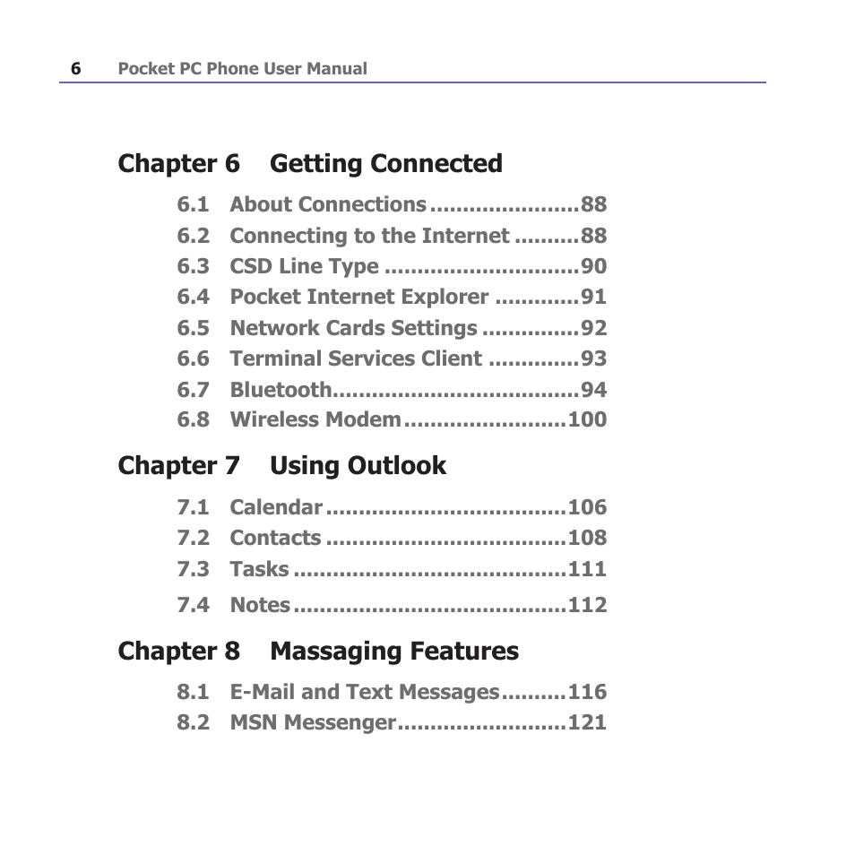 Chapter 6 getting connected, Chapter 7 using outlook, Chapter 8 massaging features | i-mate PM10A User Manual | Page 6 / 200