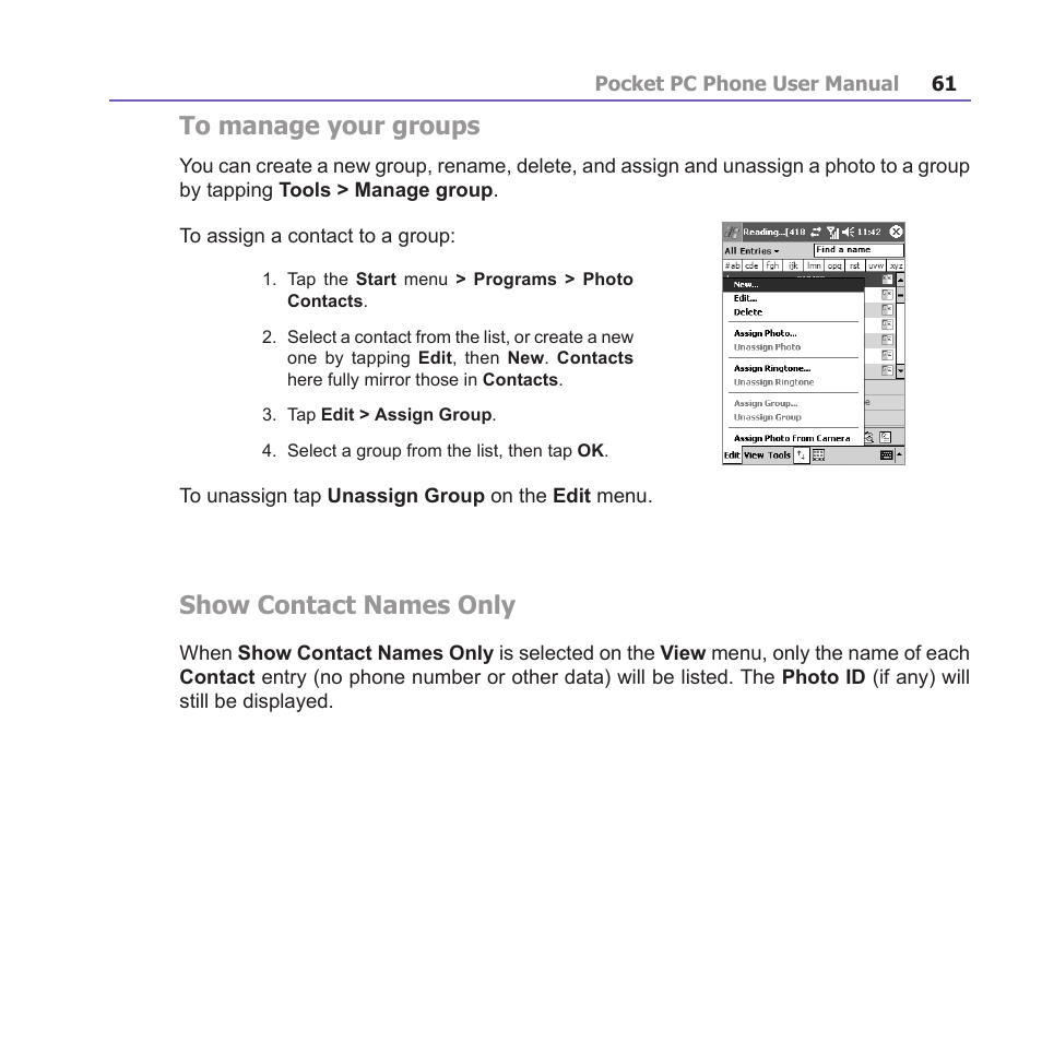 Show contact names only | i-mate PM10A User Manual | Page 61 / 200