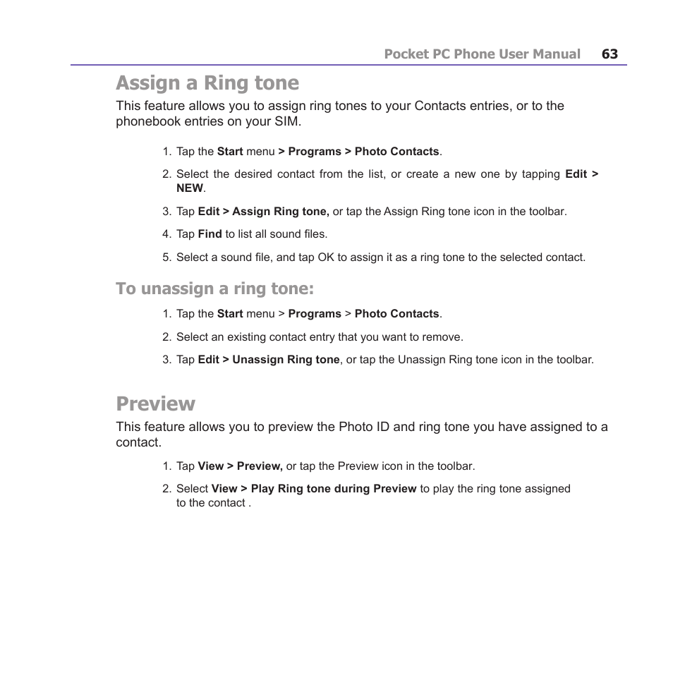 Assign a ring tone, Preview | i-mate PM10A User Manual | Page 63 / 200