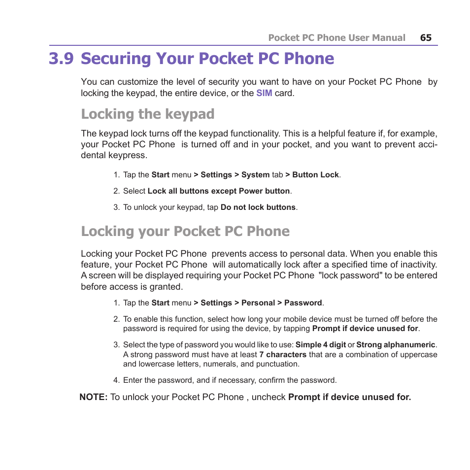 9 securing your pocket pc phone, Locking the keypad, Locking your pocket pc phone | i-mate PM10A User Manual | Page 65 / 200