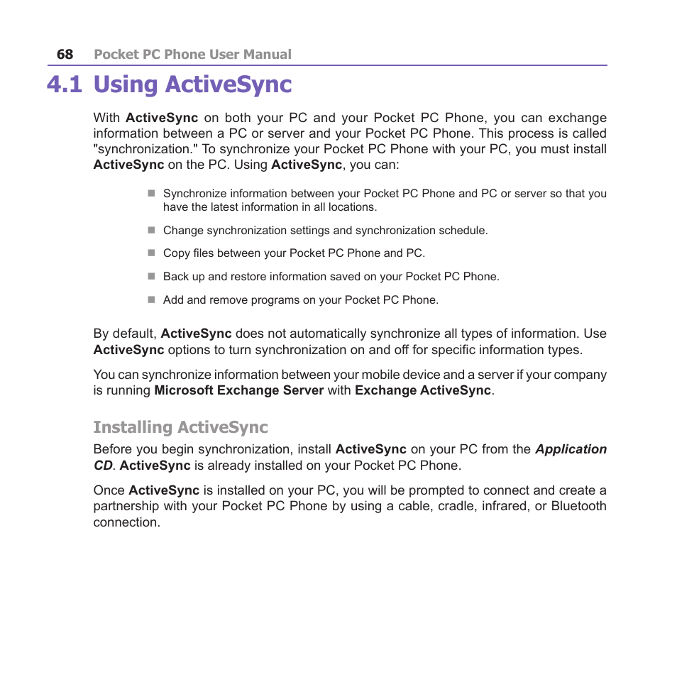1 using activesync, Installing activesync | i-mate PM10A User Manual | Page 68 / 200