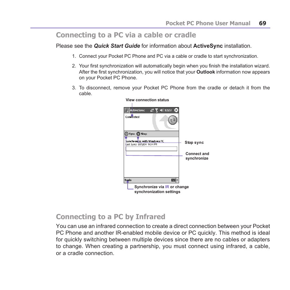 Connecting to a pc via a cable or cradle, Connecting to a pc by infrared | i-mate PM10A User Manual | Page 69 / 200