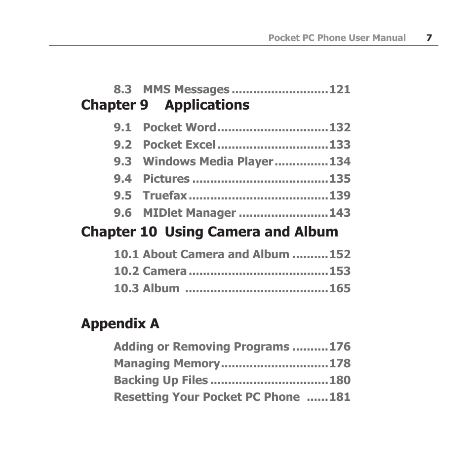 Chapter 9 applications, Chapter 10 using camera and album, Appendix a | i-mate PM10A User Manual | Page 7 / 200