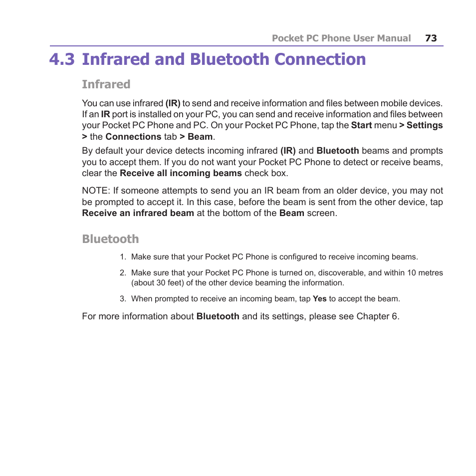 3 infrared and bluetooth connection, Infrared, Bluetooth | i-mate PM10A User Manual | Page 73 / 200
