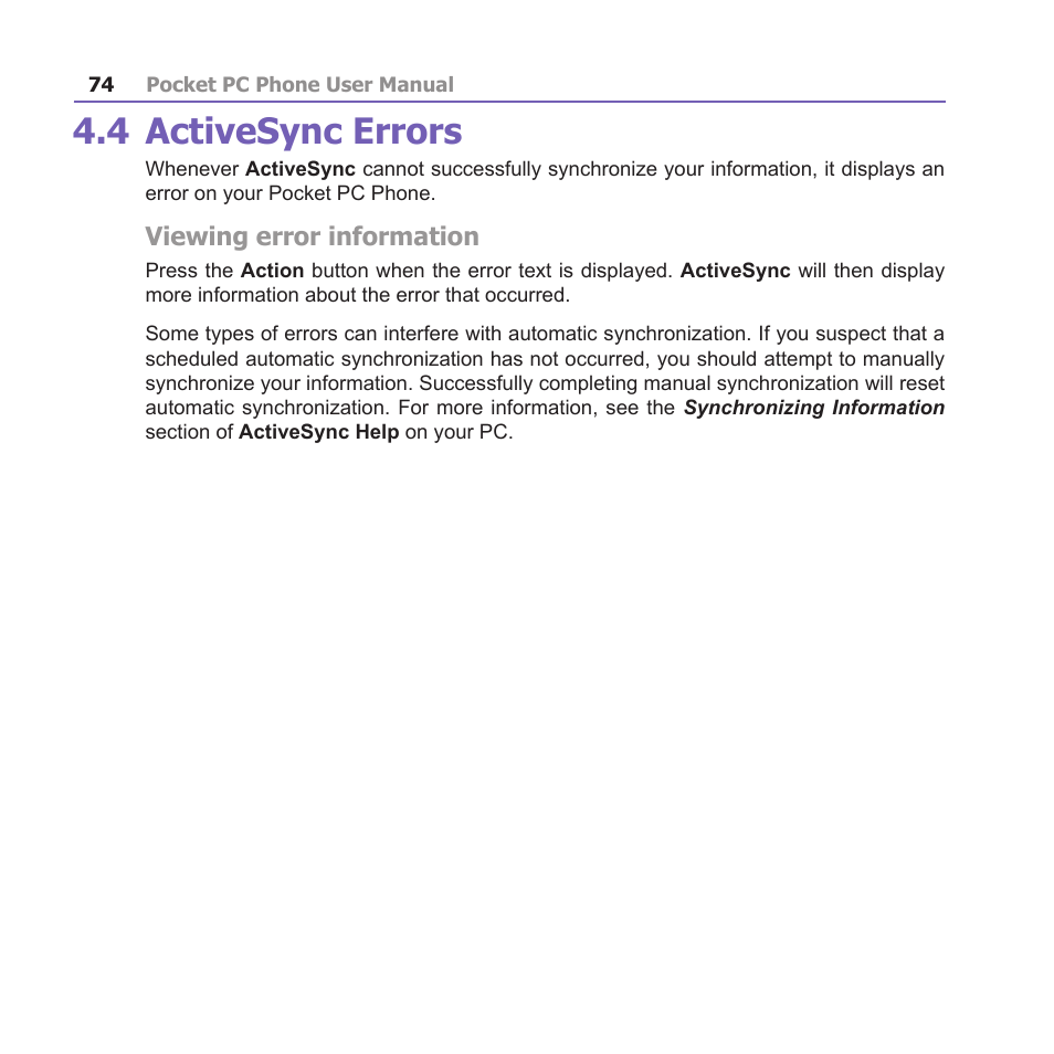 4 activesync errors, Viewing error information | i-mate PM10A User Manual | Page 74 / 200