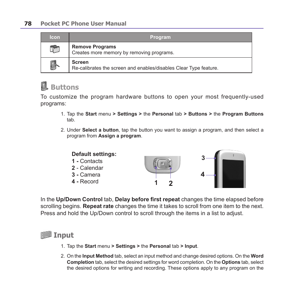 Buttons, Input | i-mate PM10A User Manual | Page 78 / 200