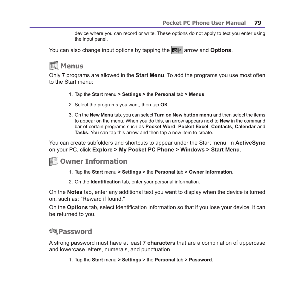 Menus, Owner information, Password | i-mate PM10A User Manual | Page 79 / 200