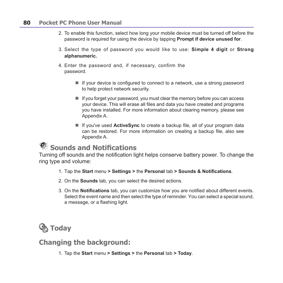 Sounds and notifications, Today changing the background | i-mate PM10A User Manual | Page 80 / 200