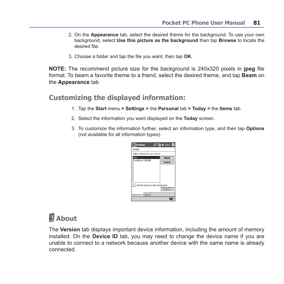 Customizing the displayed information, About | i-mate PM10A User Manual | Page 81 / 200