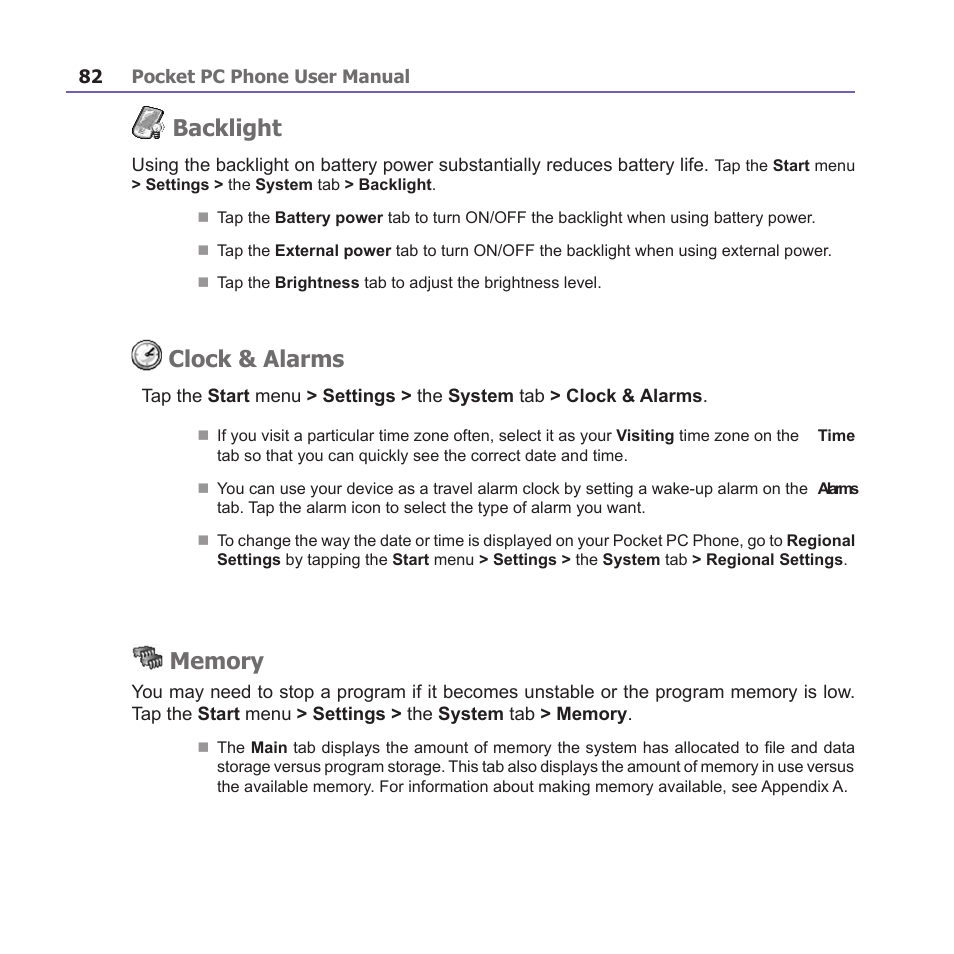Backlight, Clock & alarms | i-mate PM10A User Manual | Page 82 / 200