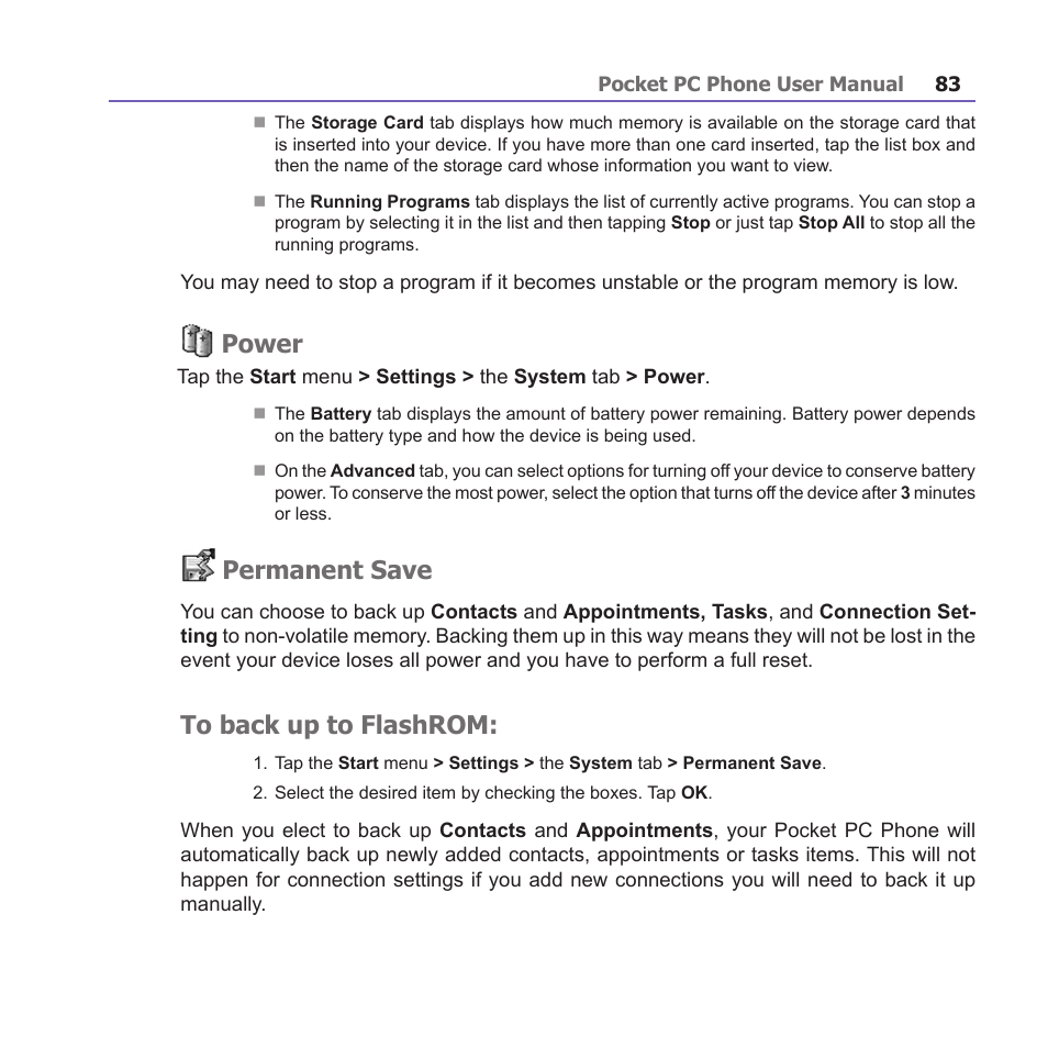 Power, Permanent save | i-mate PM10A User Manual | Page 83 / 200