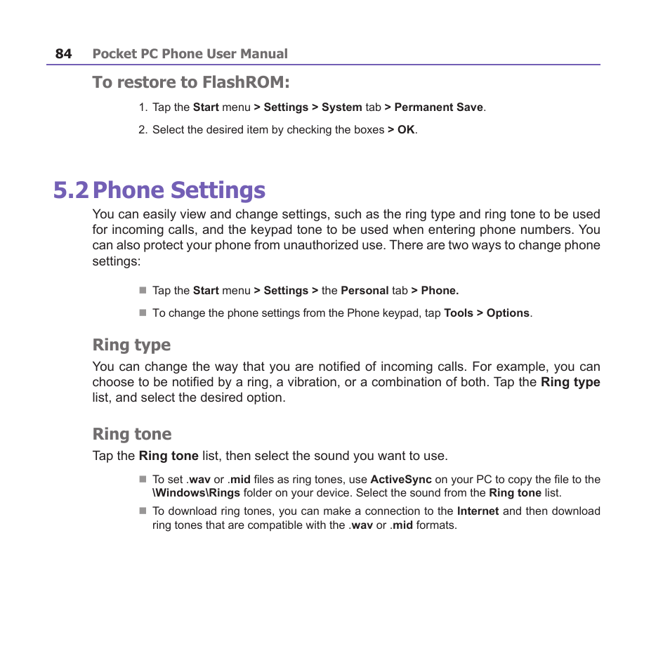 2 phone settings, Ring type, Ring tone | i-mate PM10A User Manual | Page 84 / 200