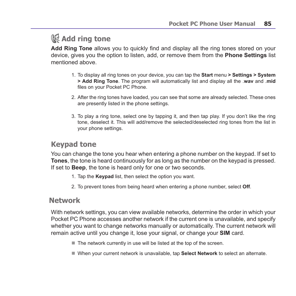 Add ring tone, Keypad tone, Network | i-mate PM10A User Manual | Page 85 / 200