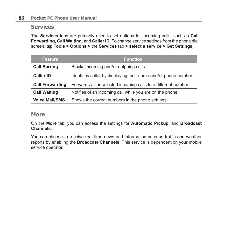 Services, More | i-mate PM10A User Manual | Page 86 / 200