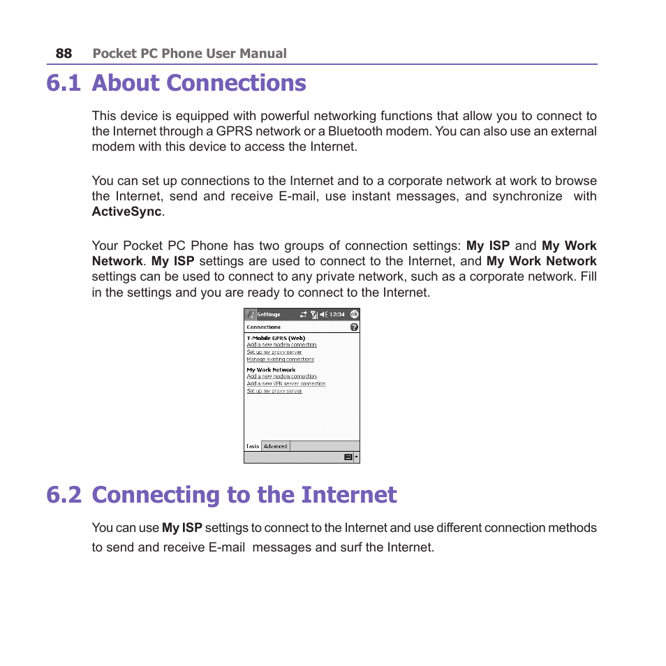 1 about connections, 2 connecting to the internet | i-mate PM10A User Manual | Page 88 / 200