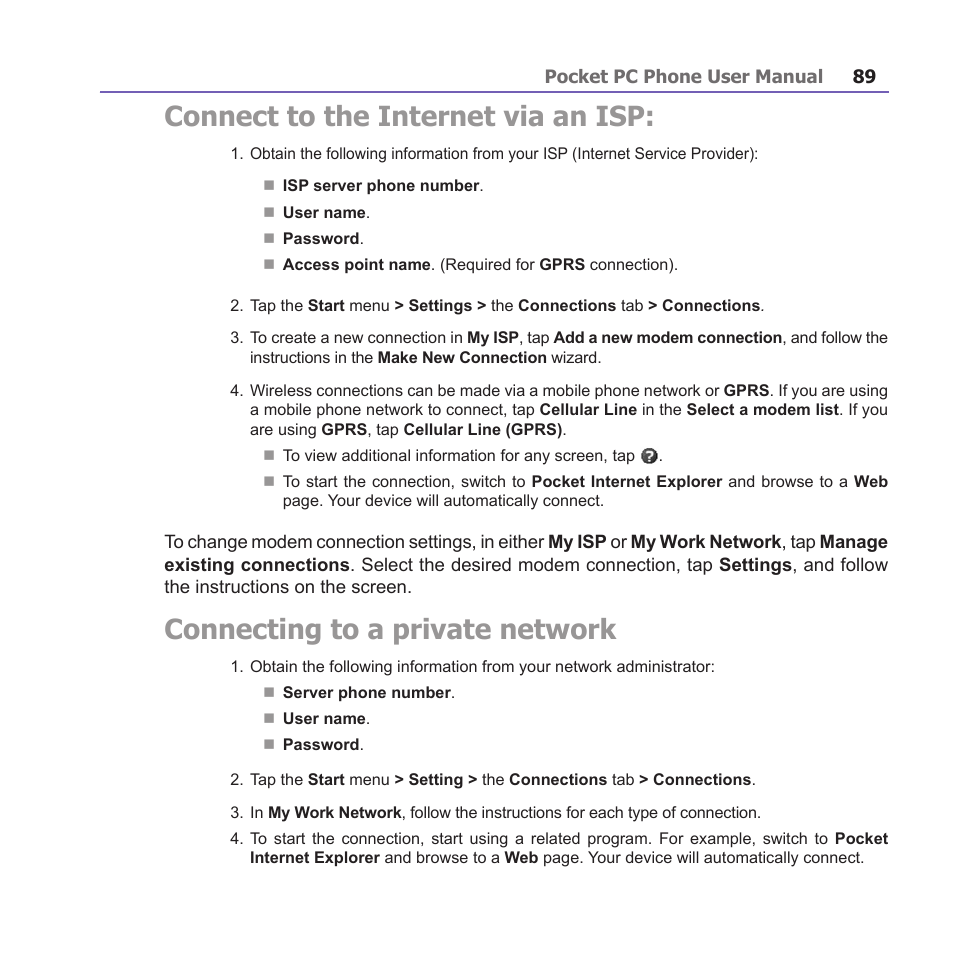 Connect to the internet via an isp, Connecting to a private network | i-mate PM10A User Manual | Page 89 / 200