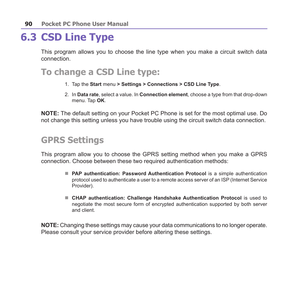 3 csd line type, Gprs settings | i-mate PM10A User Manual | Page 90 / 200