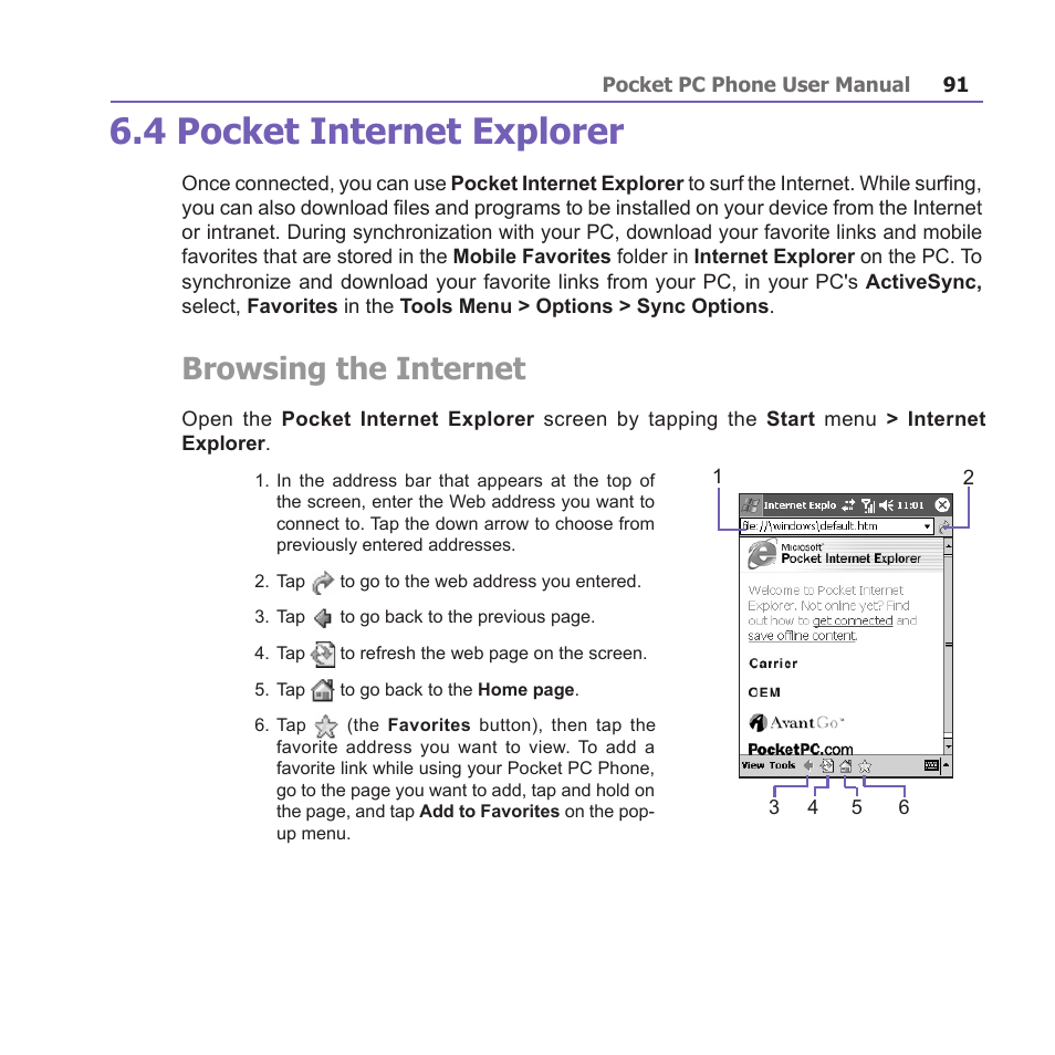 4 pocket internet explorer, Browsing the internet | i-mate PM10A User Manual | Page 91 / 200