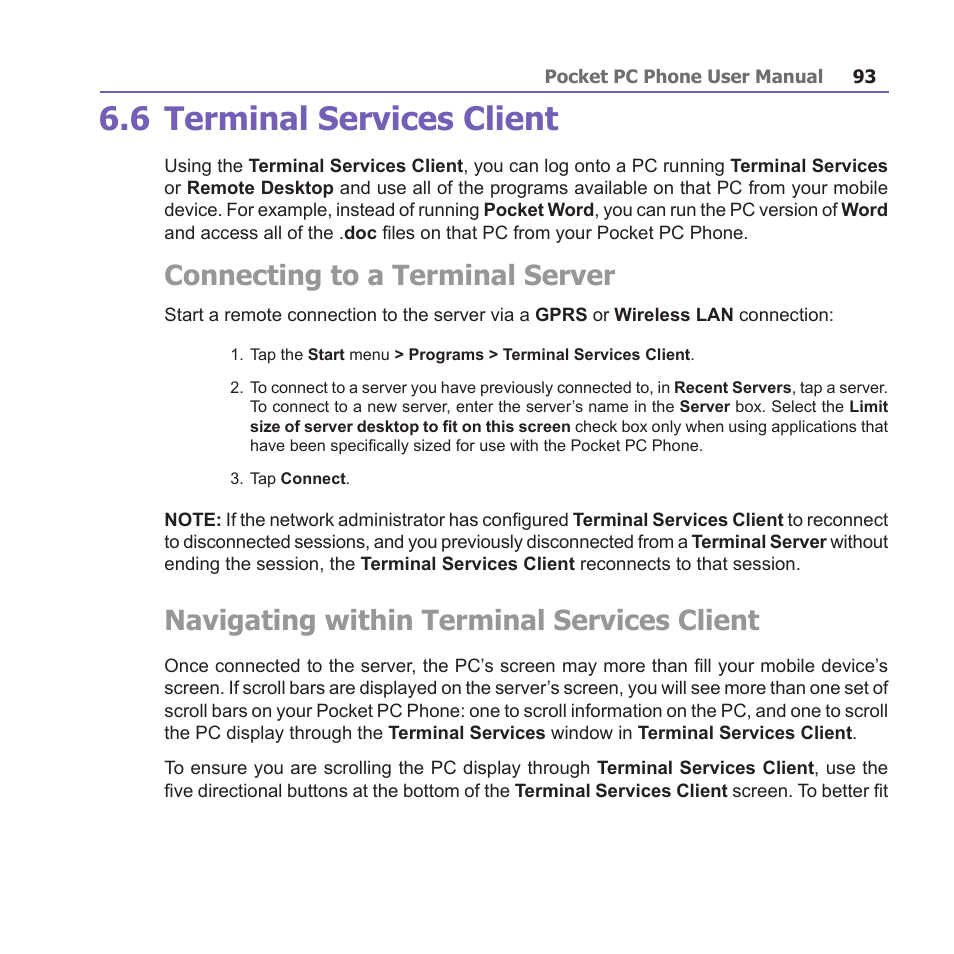 6 terminal services client, Connecting to a terminal server, Navigating within terminal services client | i-mate PM10A User Manual | Page 93 / 200