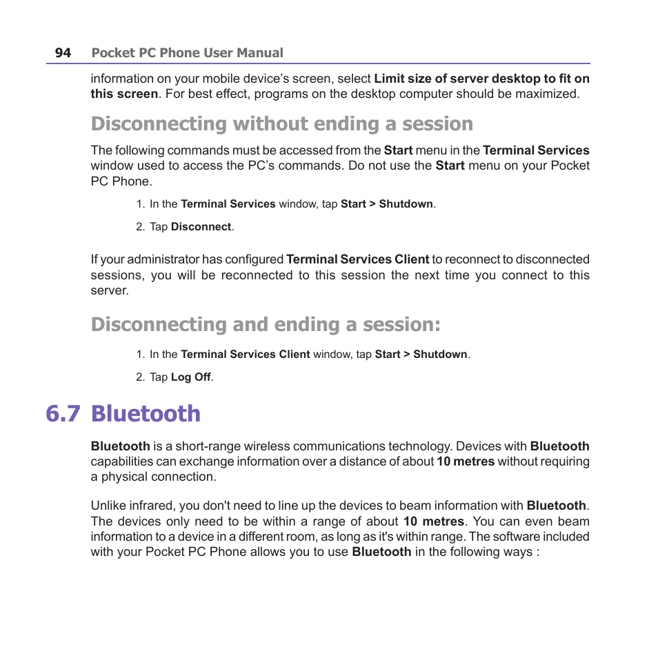 7 bluetooth, Disconnecting without ending a session, Disconnecting and ending a session | i-mate PM10A User Manual | Page 94 / 200