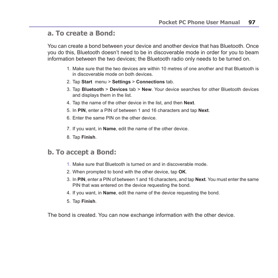 A. to create a bond, B. to accept a bond | i-mate PM10A User Manual | Page 97 / 200
