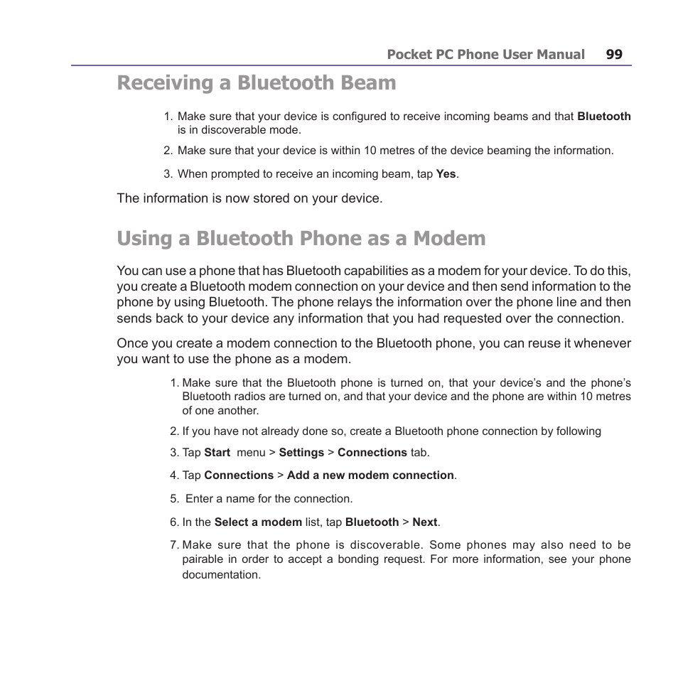 Receiving a bluetooth beam, Using a bluetooth phone as a modem | i-mate PM10A User Manual | Page 99 / 200