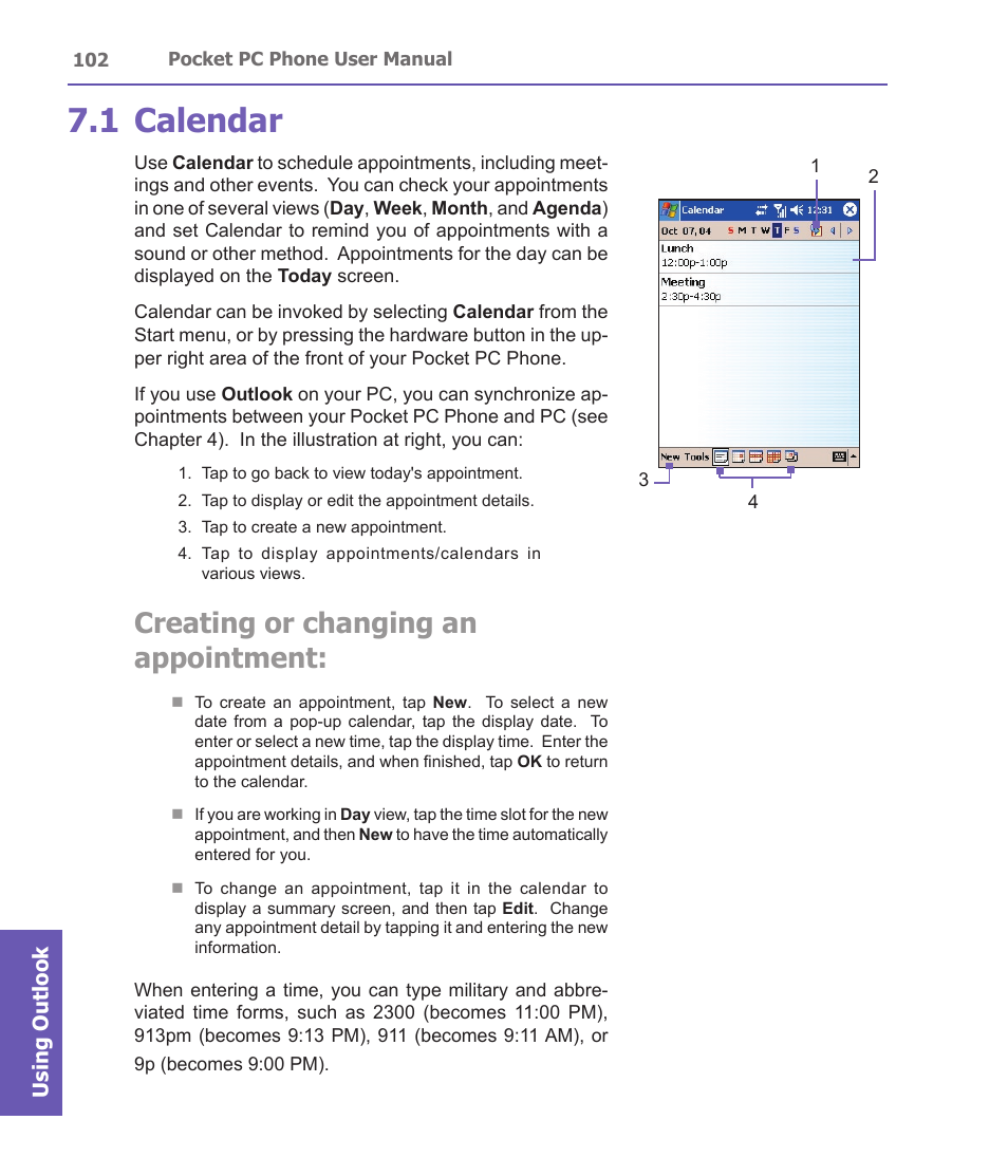 1 calendar, Creating or changing an appointment | i-mate PDA2 User Manual | Page 102 / 177