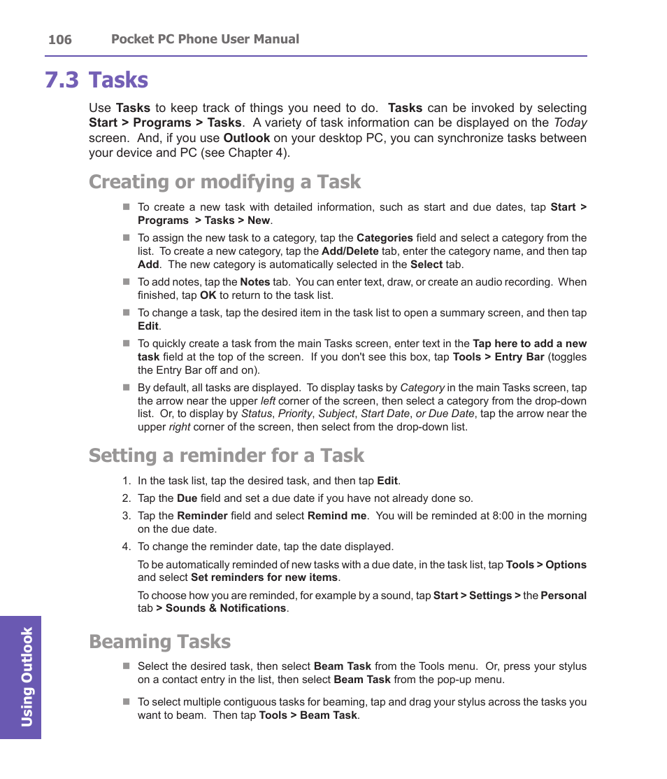 3 tasks, Creating or modifying a task, Setting a reminder for a task | Beaming tasks, Using outlook | i-mate PDA2 User Manual | Page 106 / 177