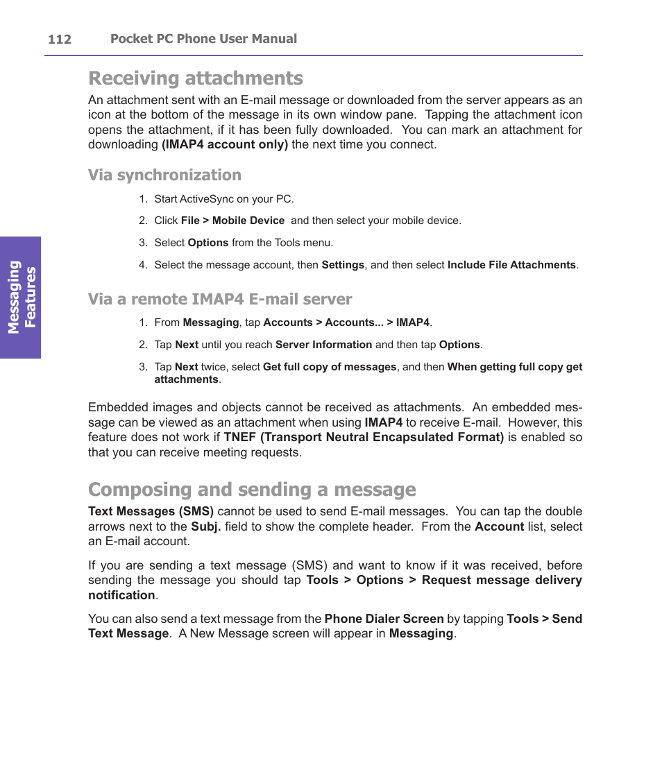 Receiving attachments, Composing and sending a message, Via synchronization | Via a remote imap4 e-mail server | i-mate PDA2 User Manual | Page 112 / 177