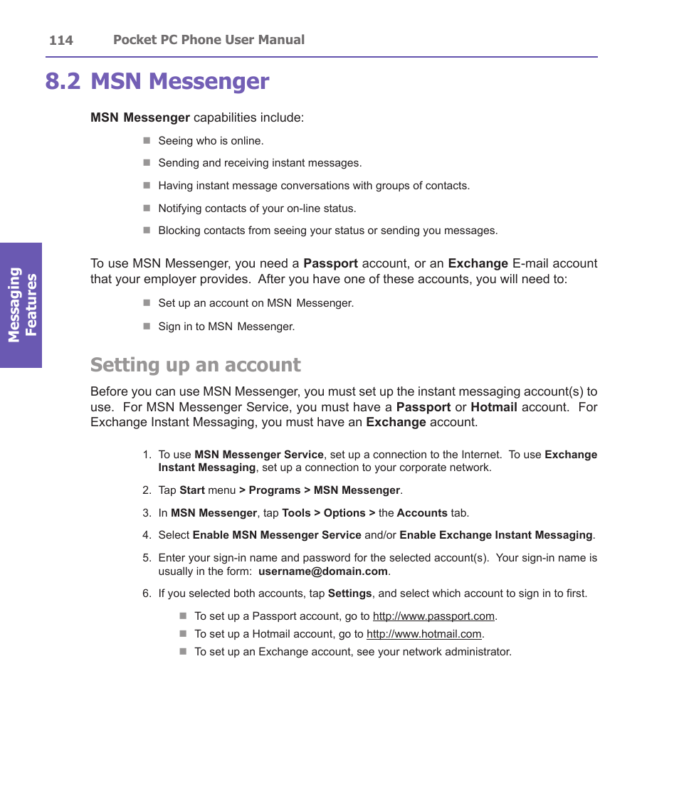 2 msn messenger, Setting up an account | i-mate PDA2 User Manual | Page 114 / 177