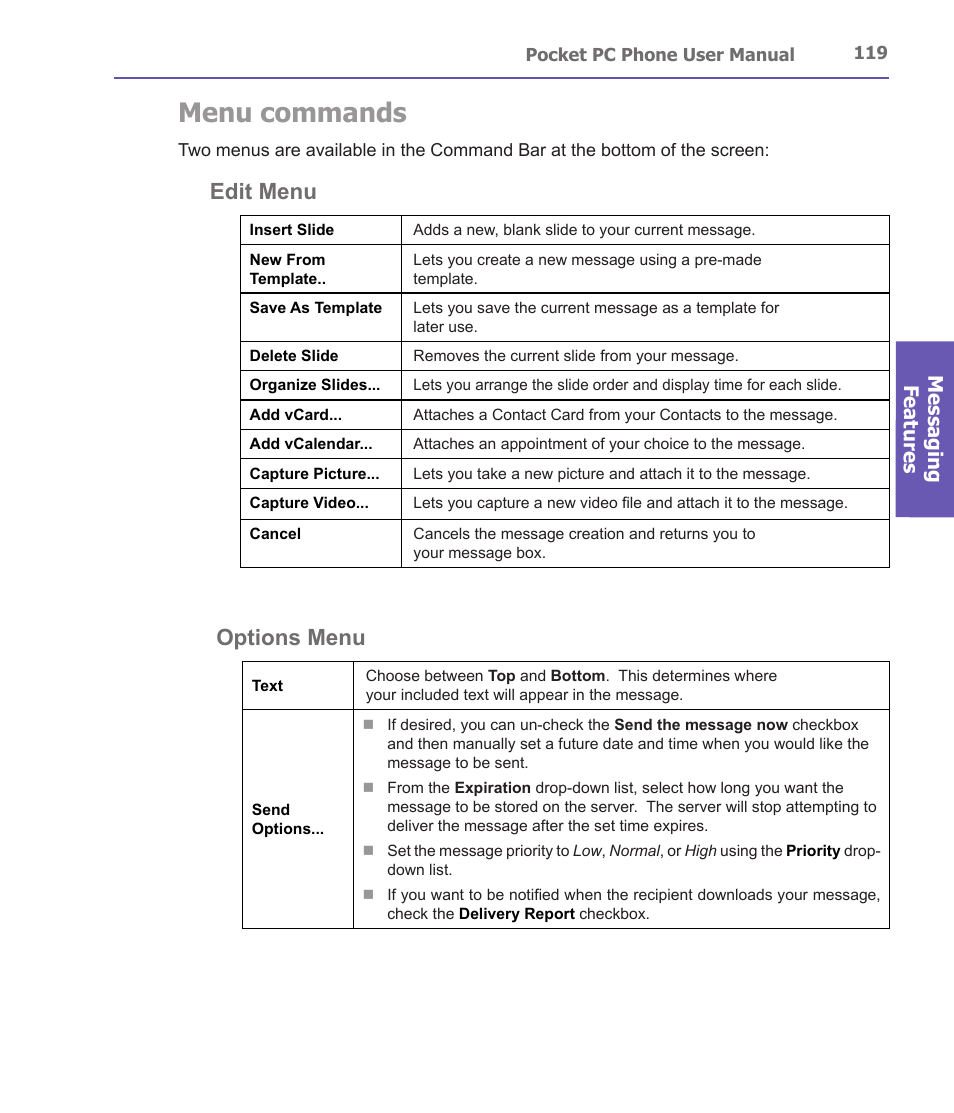 Menu commands, Edit menu, Options menu | Messaging features | i-mate PDA2 User Manual | Page 119 / 177