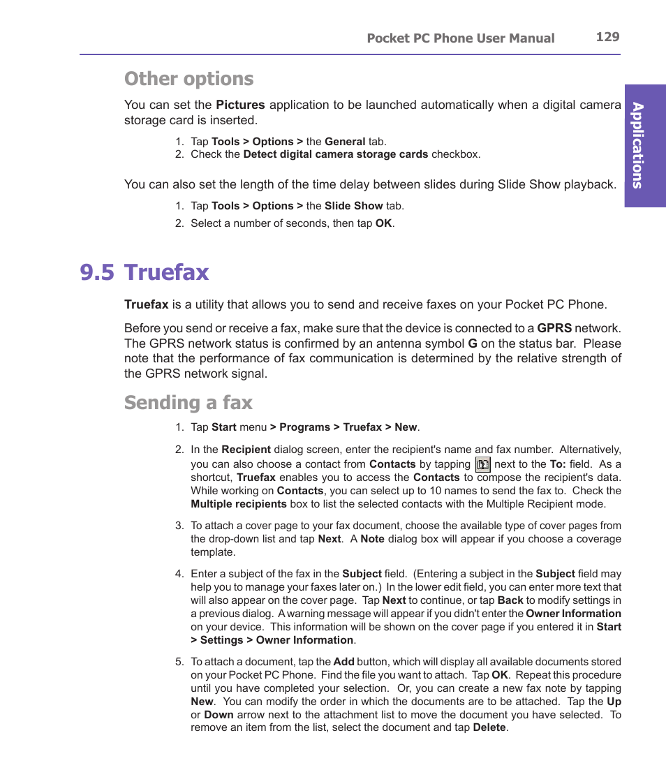 5 truefax, Other options, Sending a fax | Applications | i-mate PDA2 User Manual | Page 129 / 177