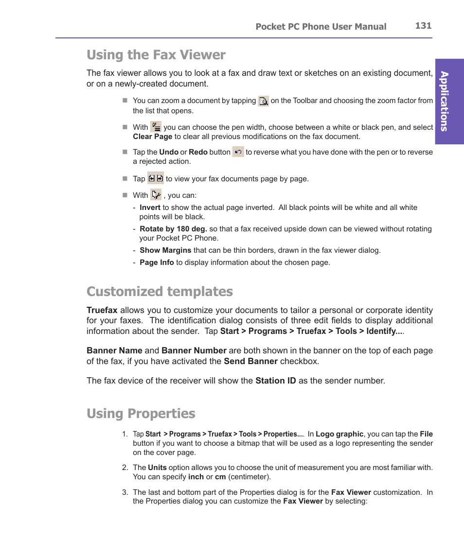 Using the fax viewer, Customized templates, Using properties | Applications | i-mate PDA2 User Manual | Page 131 / 177