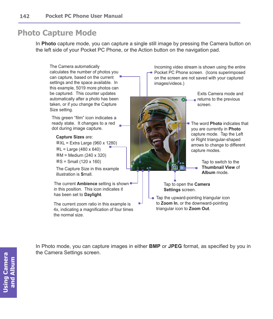 Photo capture mode, Using camera and album | i-mate PDA2 User Manual | Page 142 / 177